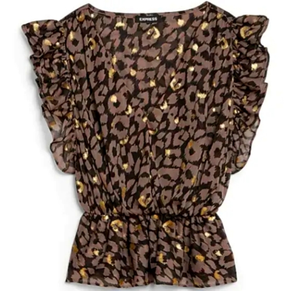 NWOT Express Metallic Leopard Print Peplum Top, Size Medium